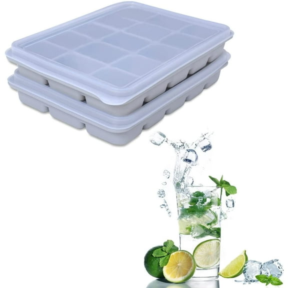Ice Cube Trays Set of 2, Easy Release 15 Flexible Silicone Ice Cube Molds with Removable Lid Reusable Freezer Ice Trays Stackable for Whiskey, Baby Food, BPA Free (SNOW GRAY)