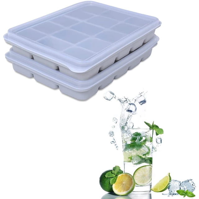 Set de 2 Bandejas de Hielo de Silicona Flexible con Tapa para Liberación Fácil y Almacenamiento Apilable sin BPA para Whisky y Comida de Bebé en Color Gris Nieve