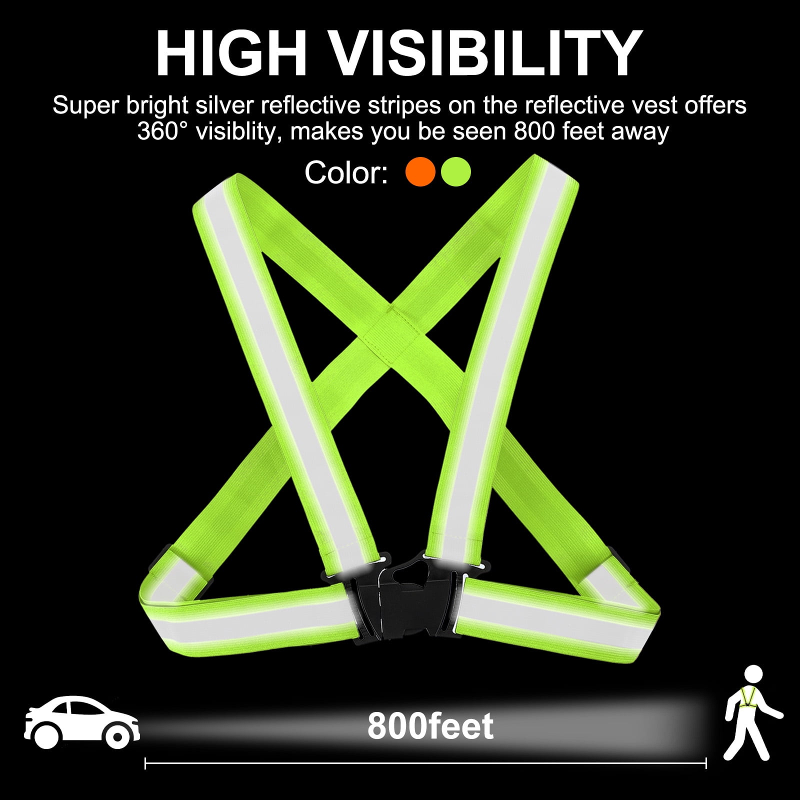 Adjustable Reflective Running vest Gear, 4 Pack High Visible reflective straps fit all ages, Green/Red-Orange