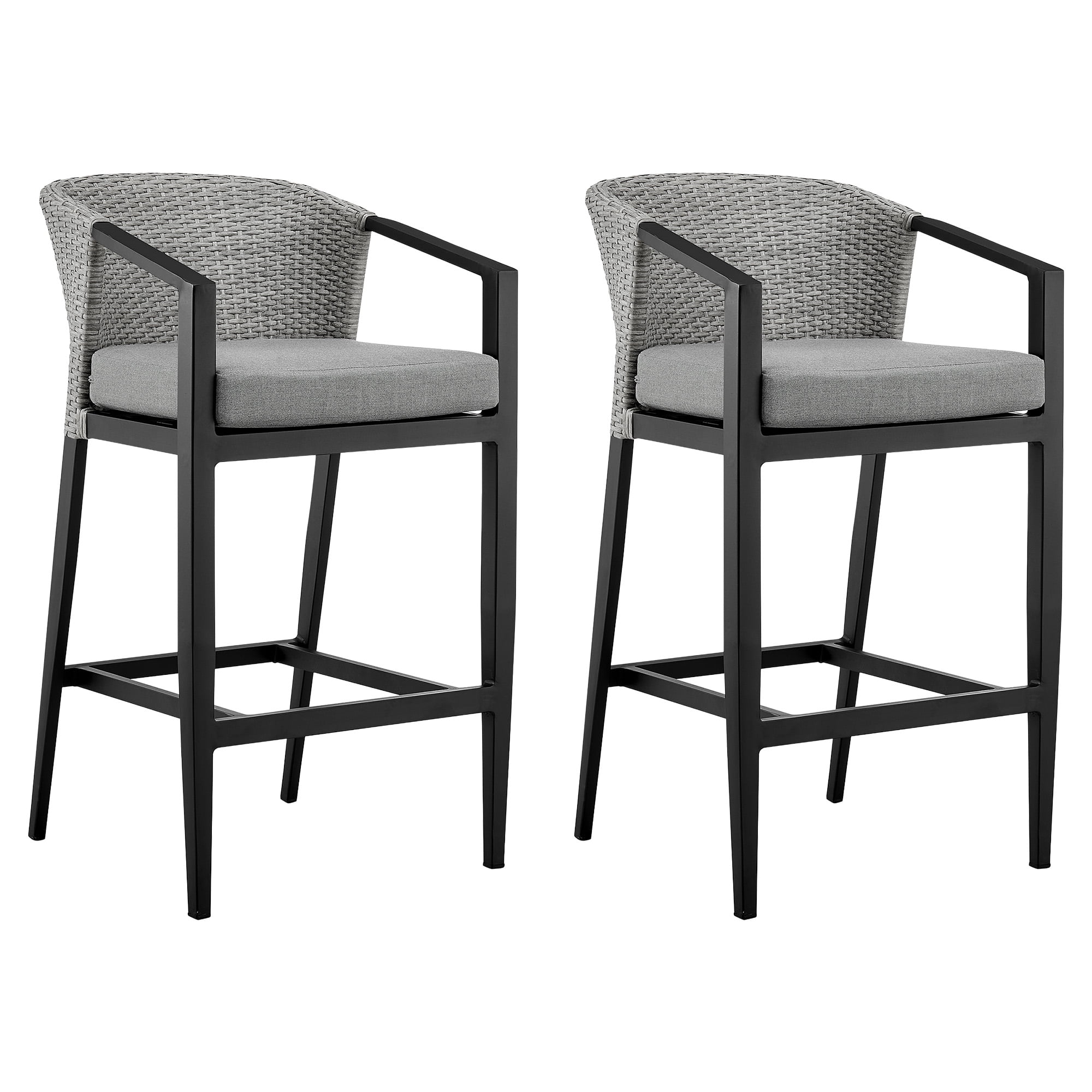 Palma Outdoor Patio Counter Height Bar Stool in Aluminum and Wicker with Gray Cushions - Set of 2