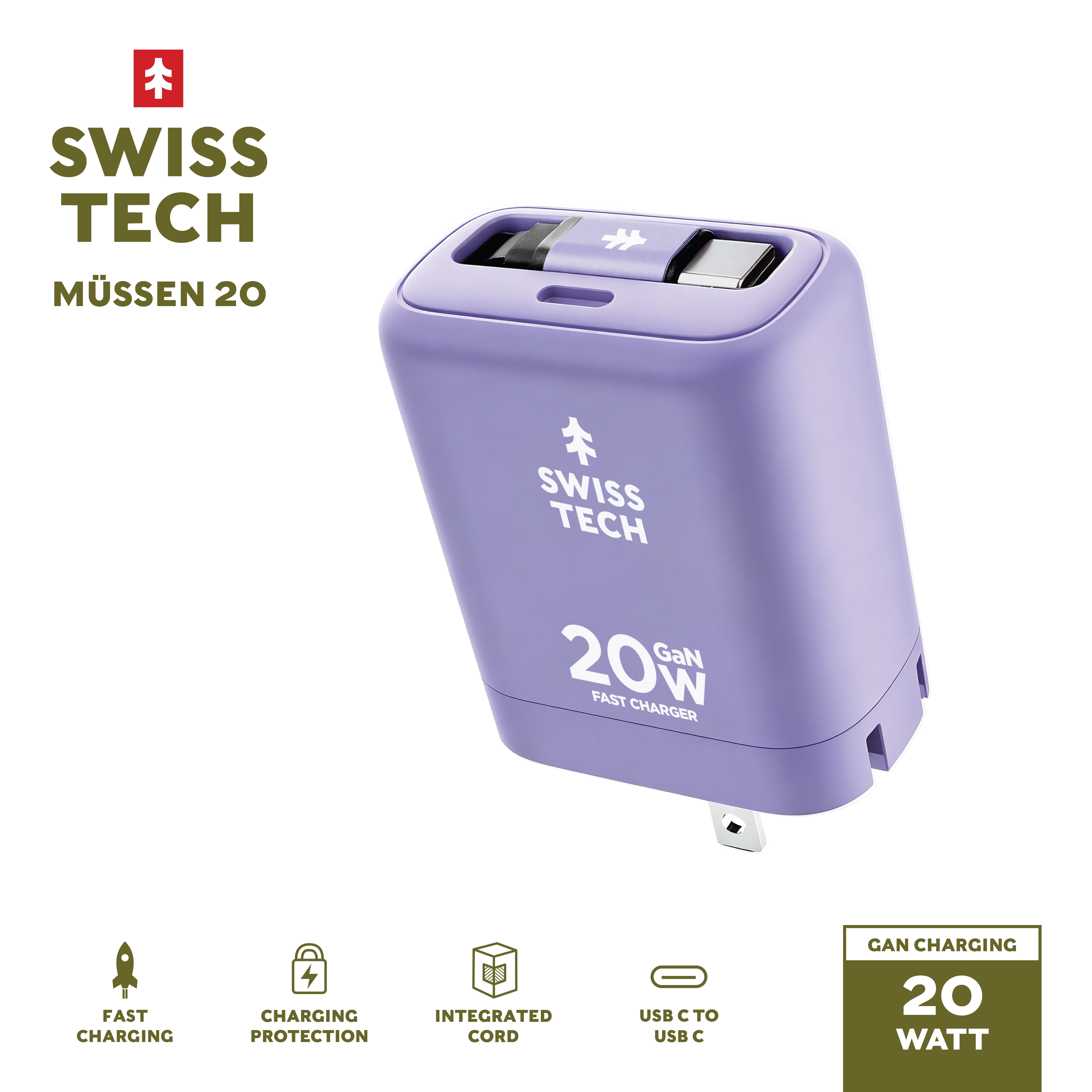 Swiss Tech Mussen 20W USB-C Wall Charger with Retractable Cable, Fast PD Charging, Myrtle Purple