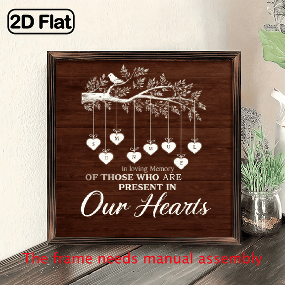 1pc Memorial Table Sign 8x8 Inch Wood Wedding Decor with Heart Leaf Design, In Loving Memory Tribute Sign for Bridal Shower, Anniversary, Rehearsal Dinner, Open Bar Table Decor