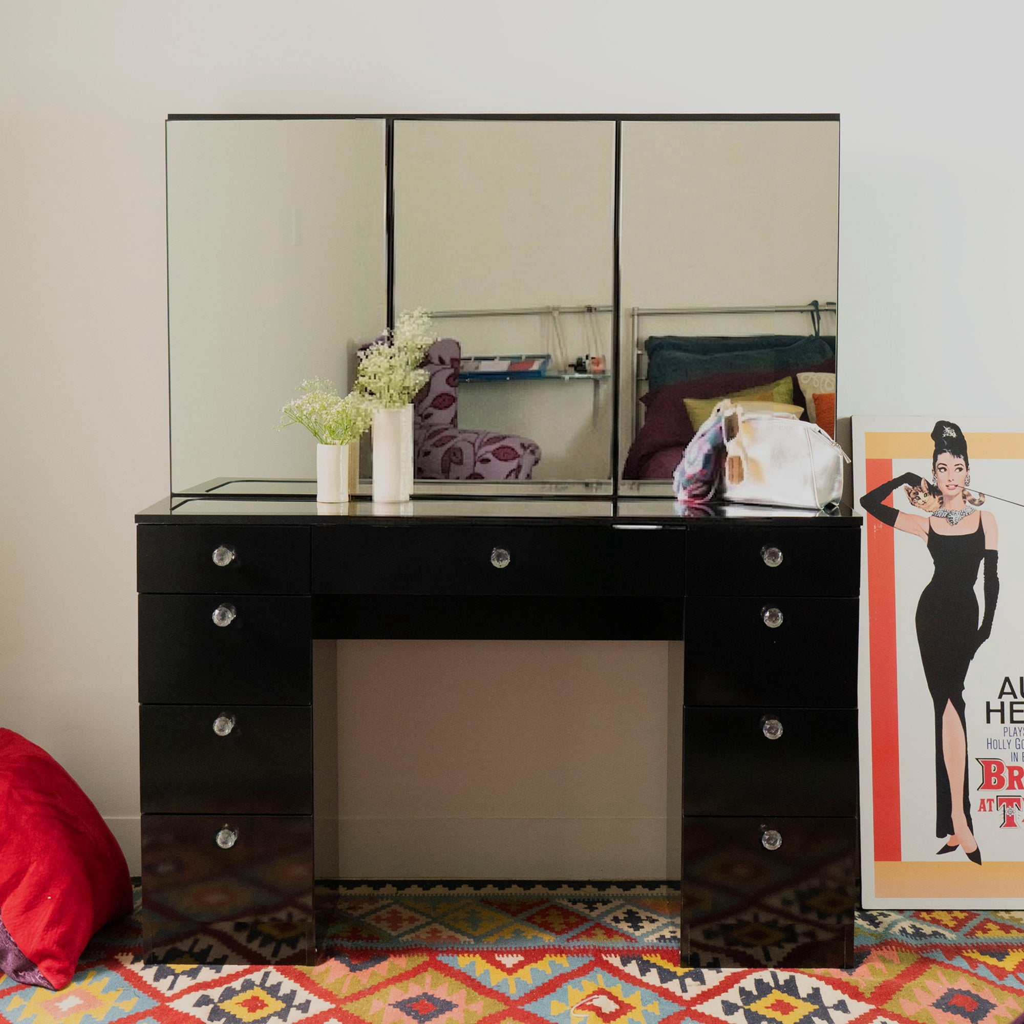 Ember Interiors Pro Black Makeup Vanity Desk with Glass Top, 10 Bulb Light Mirror, and Storage Cabinets