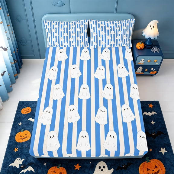 Manfei Cartoon Ghost Halloween Fitted Sheet Queen,Bat And Spider Web Bedding,3pcs,1 Fitted Sheet and 2 Pillowcases