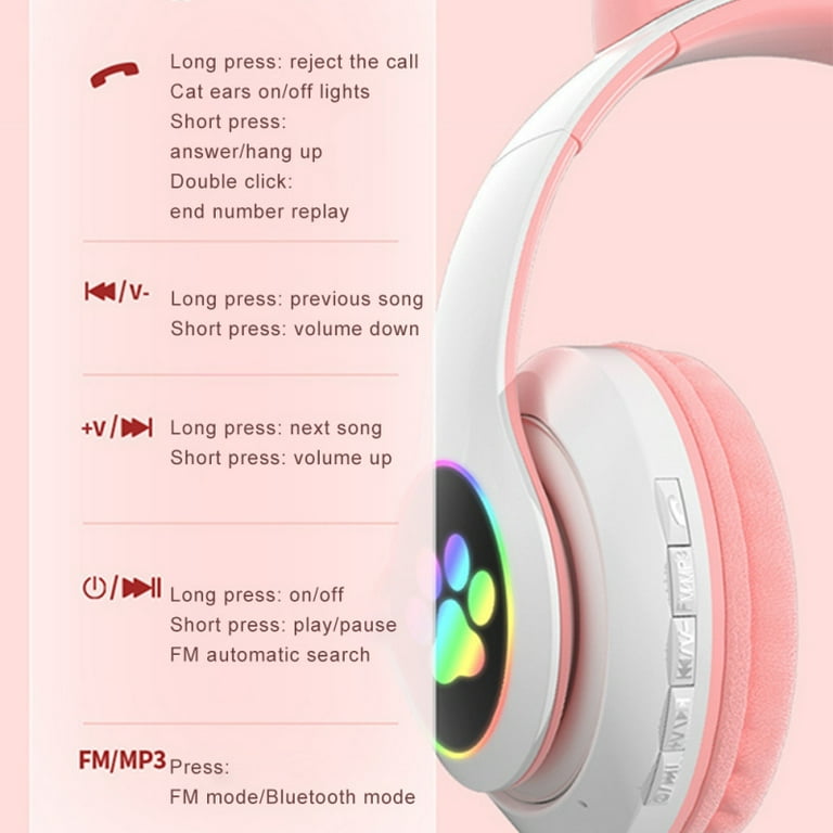 Wireless Earphones Rgb With Rabbit Ears Headset Mic Cute Girls Music  Bluetooth