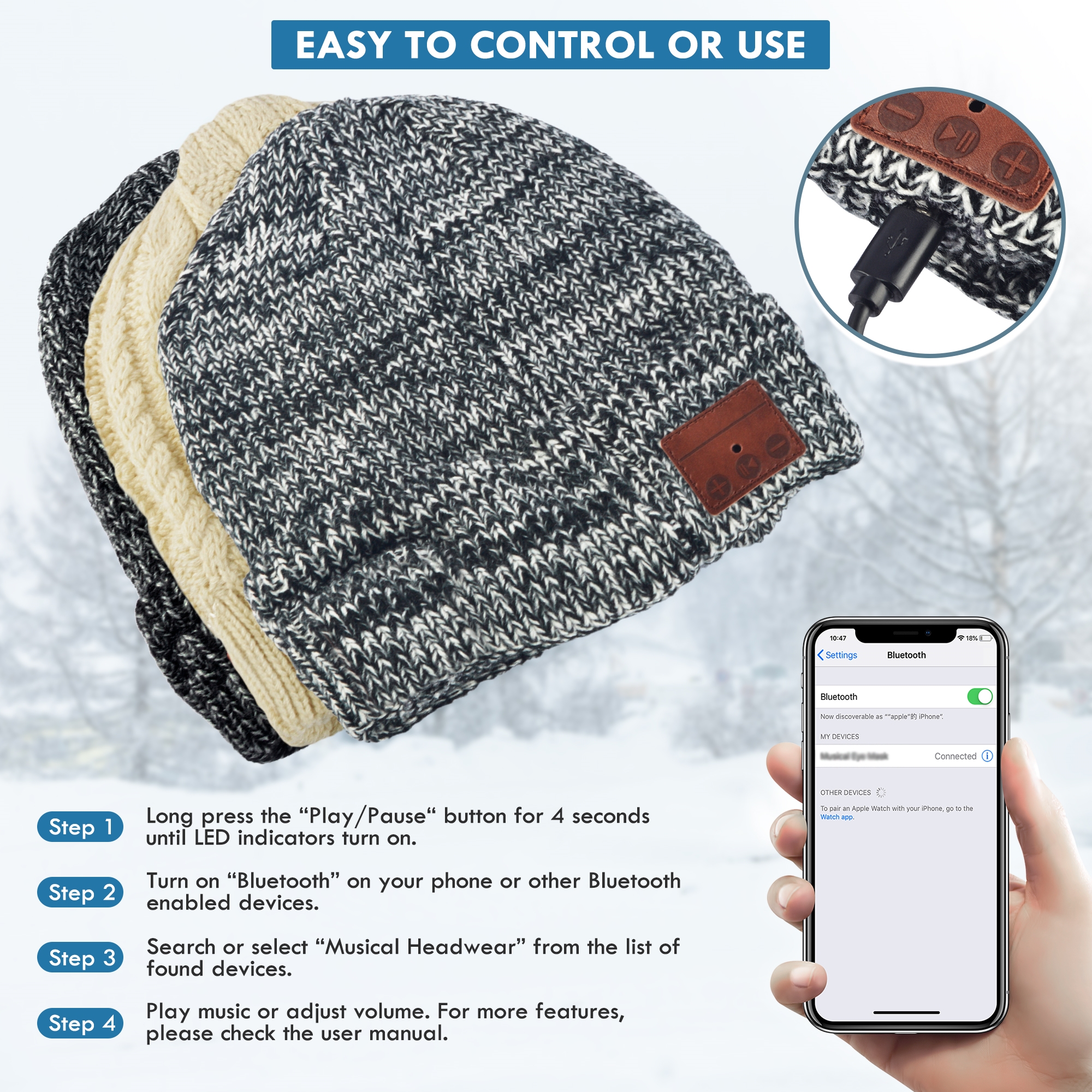 Bluetooth Beanie Hat for Men Women, Upgraded Wireless Bluetooth 5.0 Beanie Hat with Headphones Headset Earphone Knitted Beanie with Stereo Speakers and Mic for Women Men - image 5 of 9