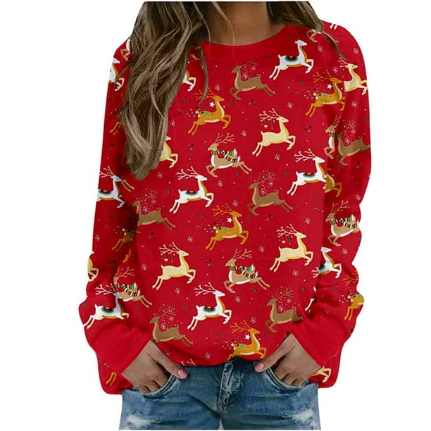 Sudaderas de Cuello Redondo de Navidad Para Mujer Camiseta de Manga Larga Cómoda Y Transpirable Con Estampado de Moda Odeerbi ODB207022