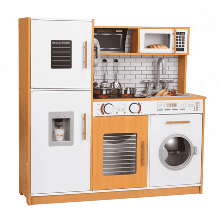 TLSUNNY Wooden Play Kitchen for Toddlers, with Realistic Lights and Sounds, Washing Machine & Water Dispenser, Gift for Boys & Girls