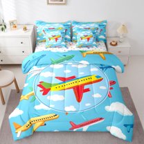 Homewish Yellow Airplane Boys Bedding Comforter Set 7 Pieces, Kawaii Cartoon Aircraft Full Bedding Set, Cute Cloud Print Reversible Fitted Sheet Flat Sheet, Microfiber Bedroom Decor