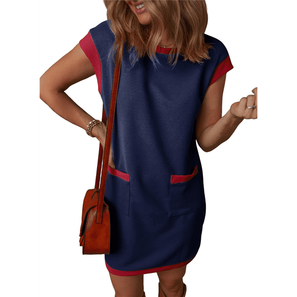 Vestido Mini con Mangas y Bloques de Color, Azul XXL