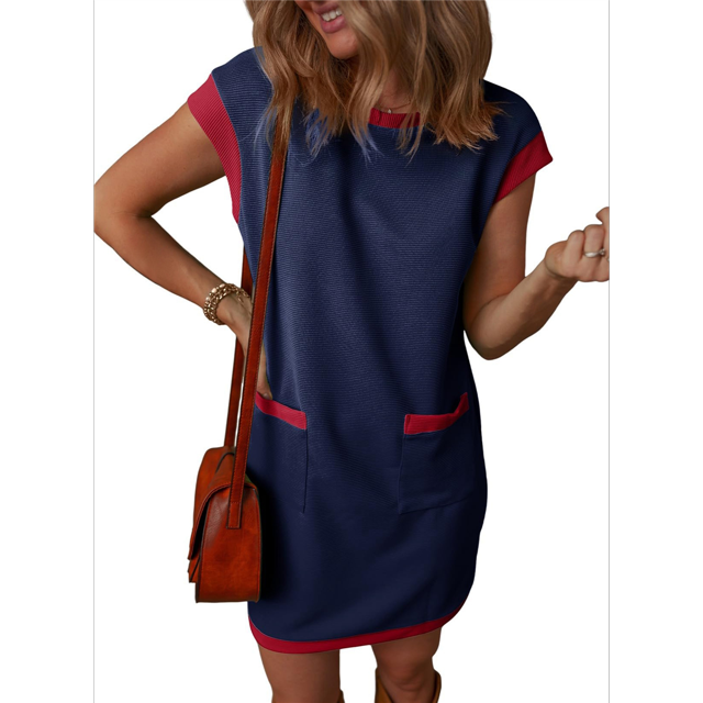 Vestido Mini con Mangas y Bloques de Color, Azul XXL