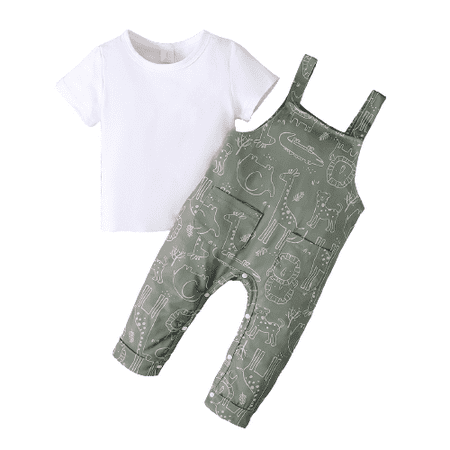 

Mikrdoo Newborn Baby Boys Outfits Short Sleeve Solid Color Shirts Animals Print Straps Suspender Jumpsuits 2Pcs Clothes Set White 9-12 Months