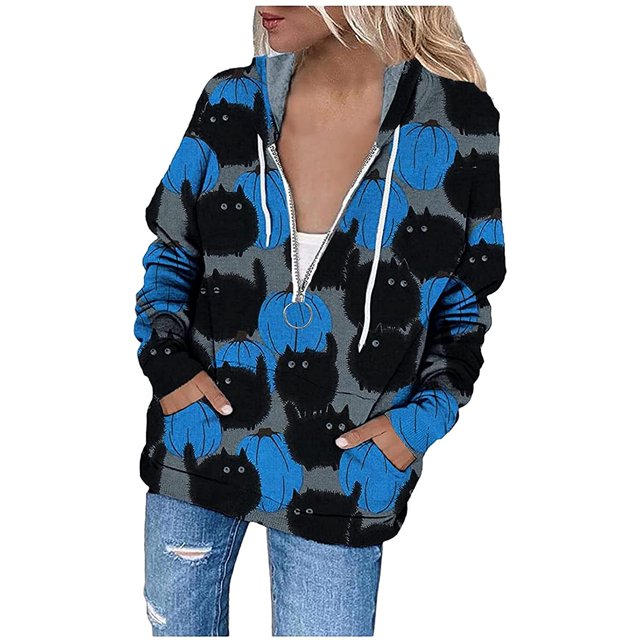 Chandail en Molleton Chat Citrouille Pull Col Rond Halloween pour Femmes Manches Longues Décontracté Ample