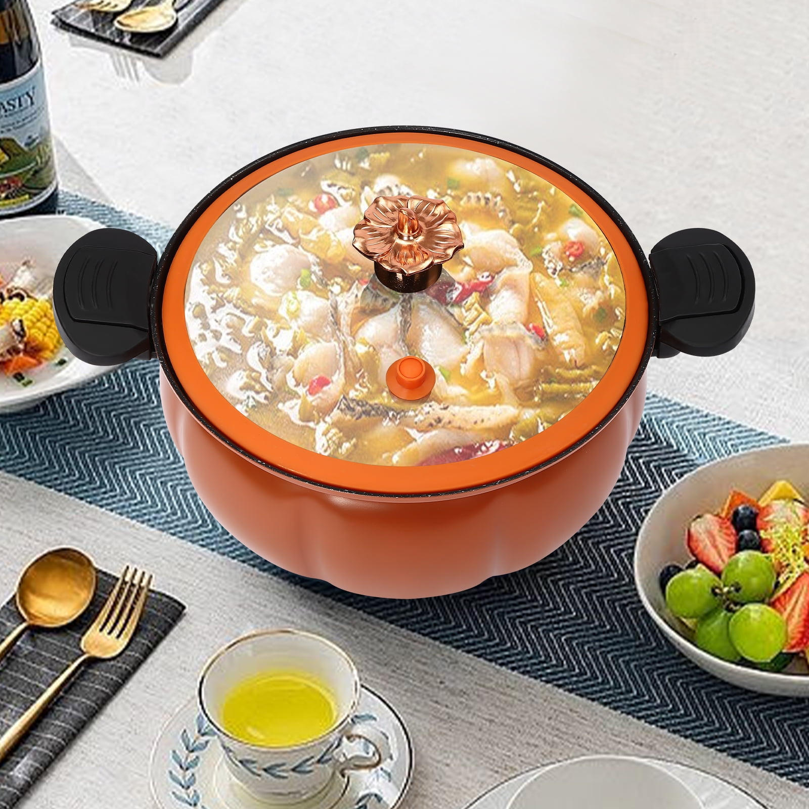 8L Micro Pressure Cooker Pumpkin Shaped Cooking Pot, Maifan Stone Non-stick, Orange