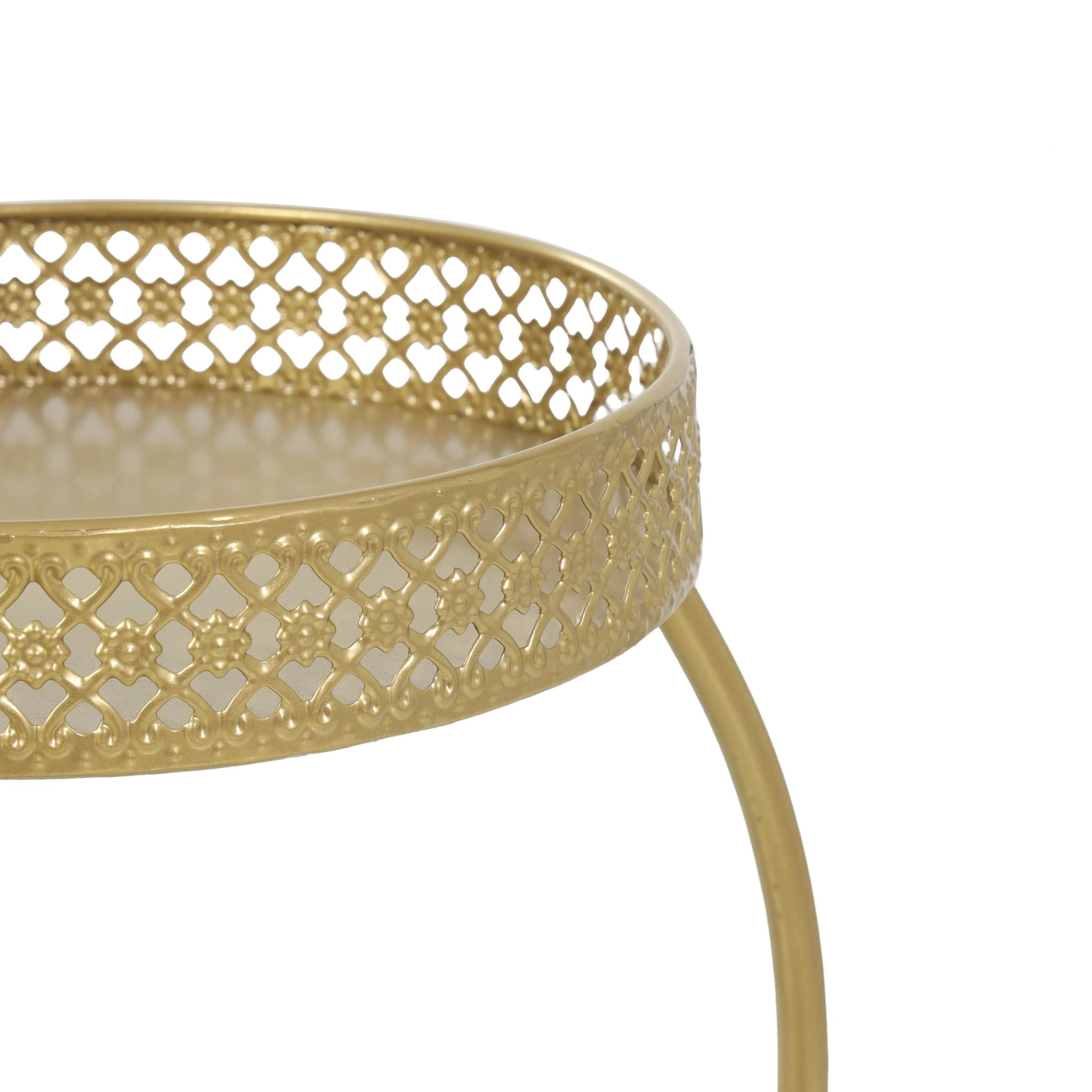 DecMode 17" x 17" x 20" 3 Tier Gold Metal Curved Folding Plantstand with Floral and Scroll Patterns