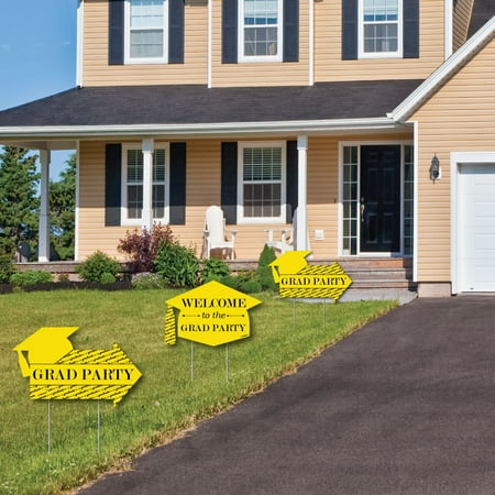 Yellow Grad Party Yard Signs - 2 Grad Party Arrows and 1 Welcome / Thank You Lawn Sign - Double Sided Signs - 3 Pieces