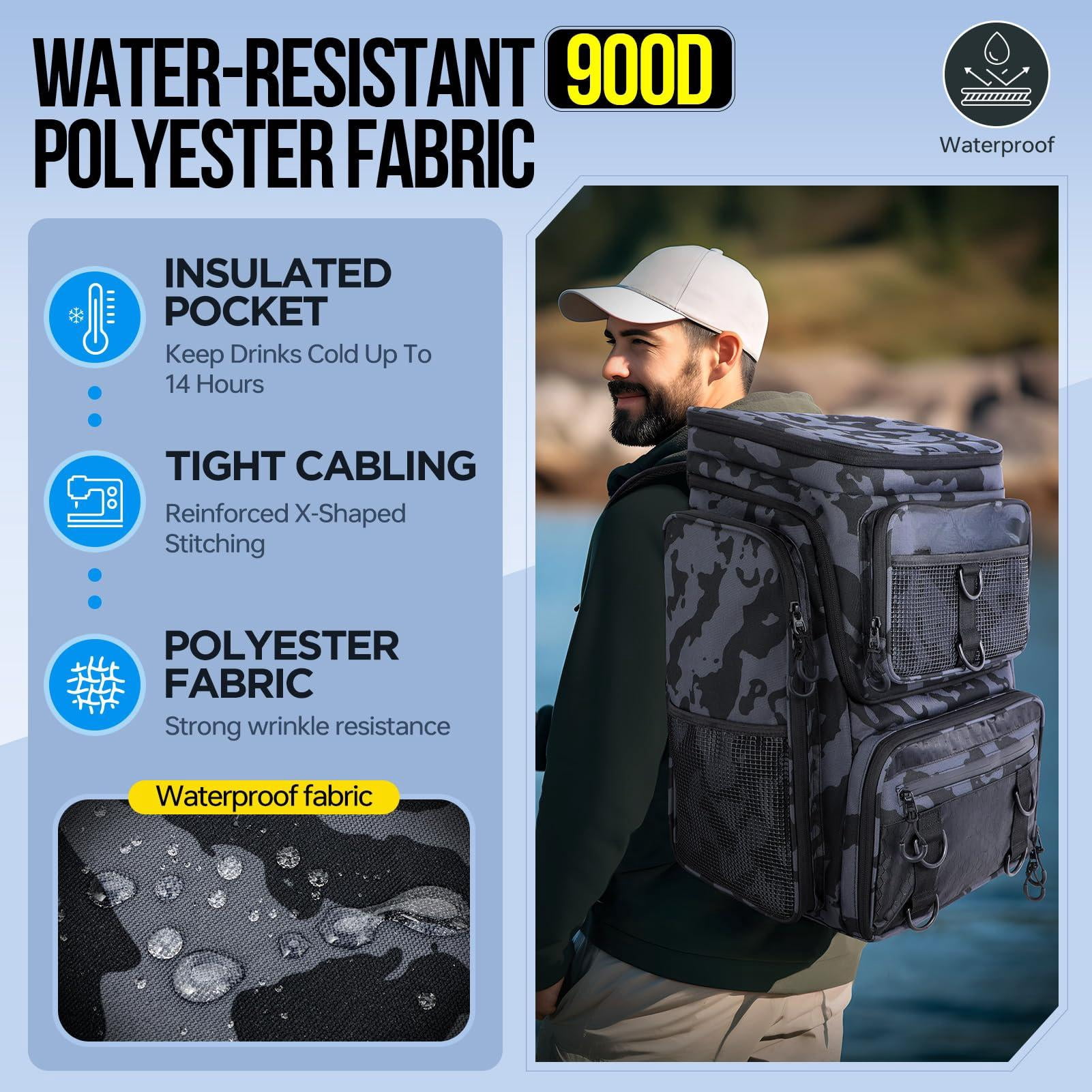 Fishing Backpack With Rod Holders  42l Large Water-resistant Tackle Bag For Camping Hiking Gifts - Black Camo (4 Boxes)