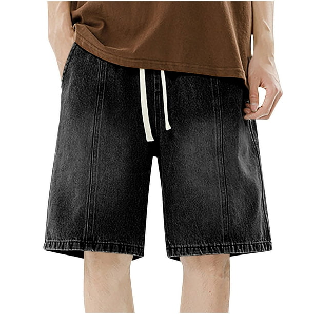 Mens Casual Pantalones Cortos Color Sólido Elástico Cintura Cordón Denim, Algodón Ligero para el Aire Libre Y Uso Diario