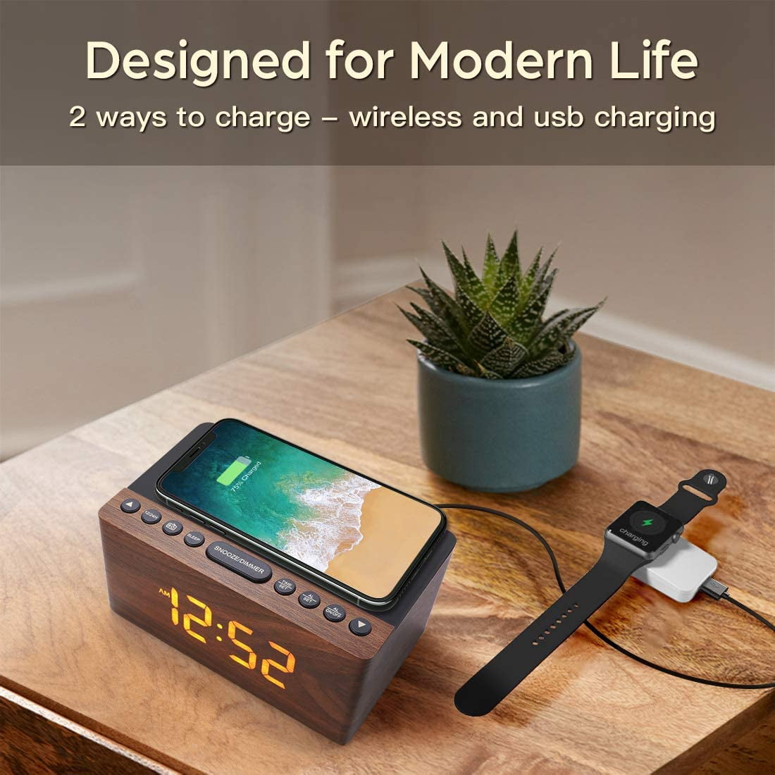 Wooden Digital LED Alarm Clock FM Radio, Fast Wireless Charger Station for iPhone/Samsung Galaxy, 5 Level Dimmer, USB Charging Port, 9 Sounds, Sleep Timer Bedroom, Bedside, Desk
