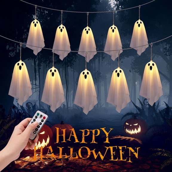 8.2ft Halloween Ghost String Lights, 10-Pack, Hanging Fabric Cute Ghost Garland with Remote Control for Outdoor Yard and Indoor Party Halloween Decor