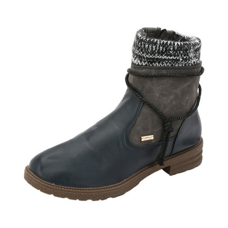 

Oyedens Winter Mid Calf Boots for Women Knit Leather Low Heels Short Ankle Booties Combat Boots