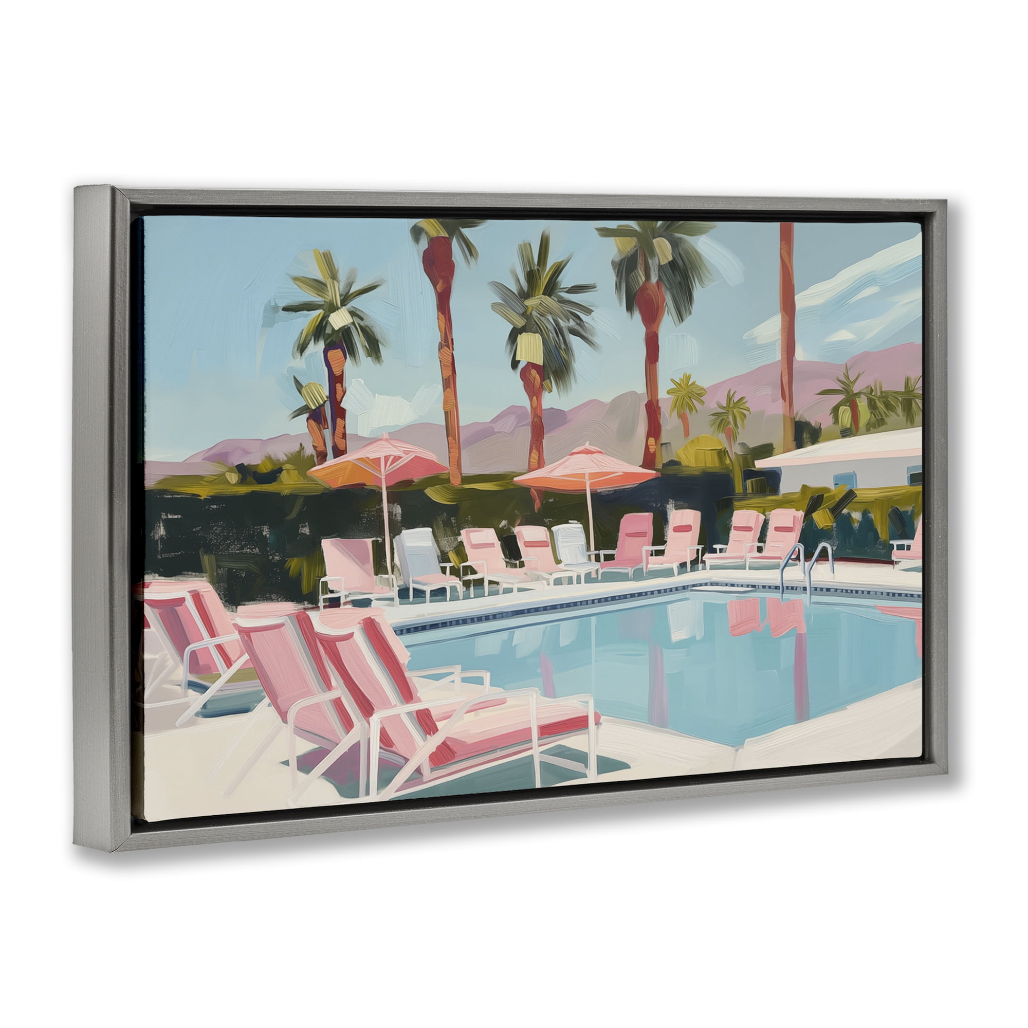 Stupell Industries Palm Springs Swimming Pool Landscape & Nature Painting Gray Floater Framed Canvas Art Print Wall Art, 31 x 21