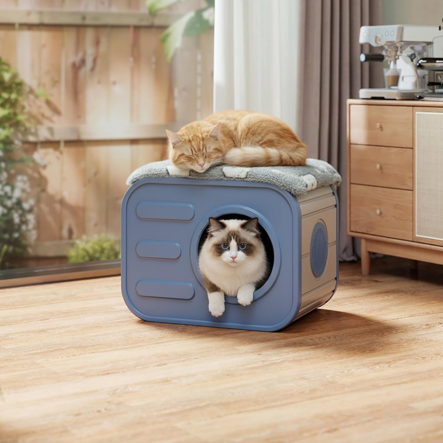 Joxxoaa Outdoor resin weatherproof cat house,with mat ventilated and insulated for Cats,Kittens,Puppies,washable,easy to assemble,scratch and bite-resistant,non-stick to hair (blue)