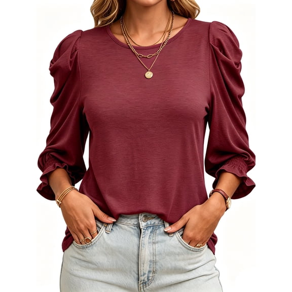 Crew Neck Women Three Quarter Sleeve Solid Elastic Casual T Shirt