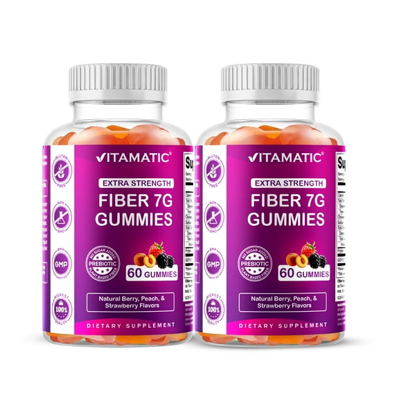 Vitamatic | 2 Pack Prebiotic Fiber Gummies for Adults - 7G Fiber Extra Strength - Zero Sugar Added - 60 Pectin Based Gummies - Digestive Health & Regularity Support
