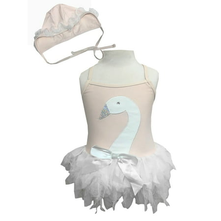 StylesILove Little Swan Ruffled Ballerina Girl Swimsuit and Hat, Light Pink (3T )
