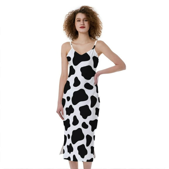 Black And White Cow Print Slim Fit Midi Cami Dress, Farmer Gifts Fashion Summer Maxi Sexy Casual Dress For Women