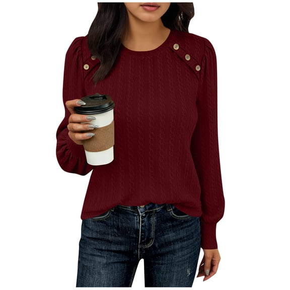 Lenpel Women's Long Sleeve Tops Trendy Crew Neck Side Button Pleated Textured T Shirts Casual Loose Blouses(Wine,X-Large)