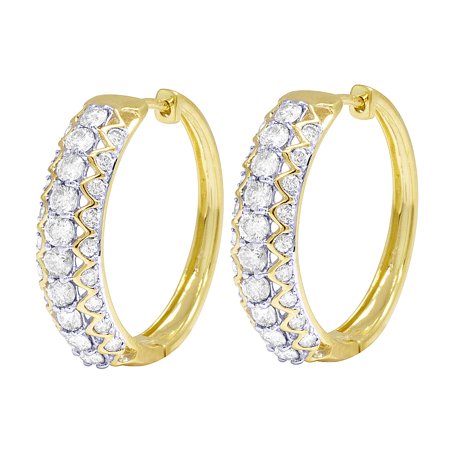 Ladies 10K Yellow Gold 3 Row Real Diamond Hoop Earrings 2.04CT 24mm
