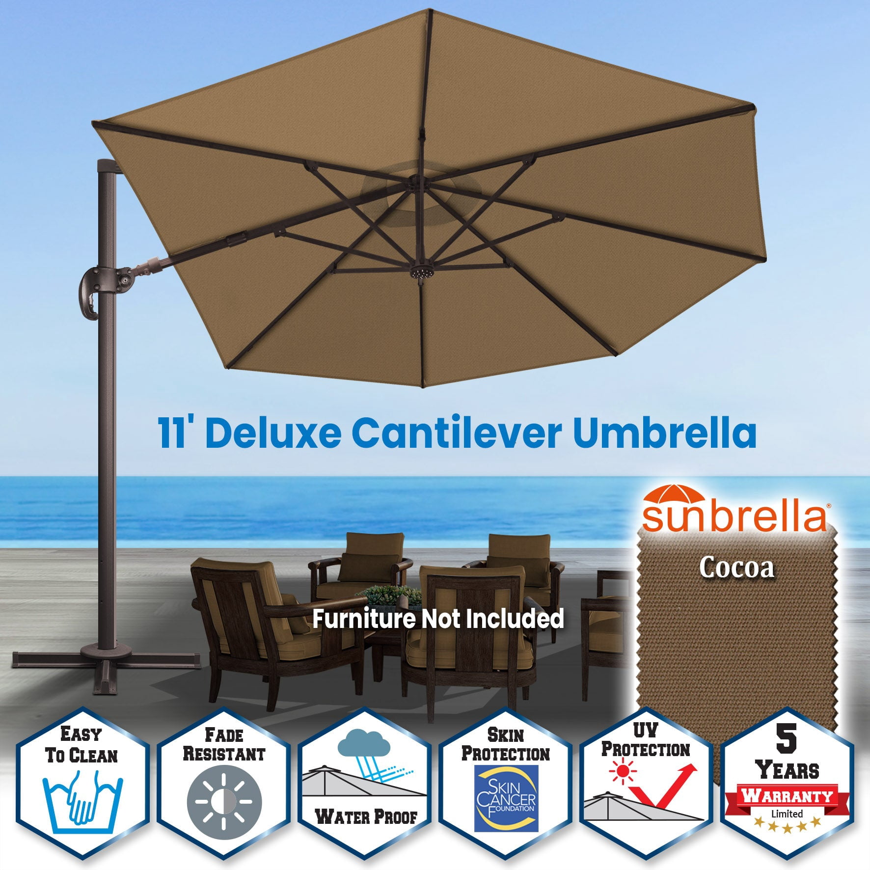 SUNRISEUMBRELLA 11' Deluxe Cantilever Umbrella LED Lighted Umbrella Sunbrella Cover Patio Umbrella Garden Outdoor (Cocoa)