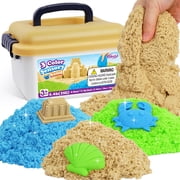Billeeit 4.4 lbs Play Sand with Storage Sandbox, 4-Pack(2 Yellow, 1 Blue, 1 Green) Sensory Bin Refill Sand for Shaping, Molding, Self-Sticking Sand Sensory Toy for Kids 3+