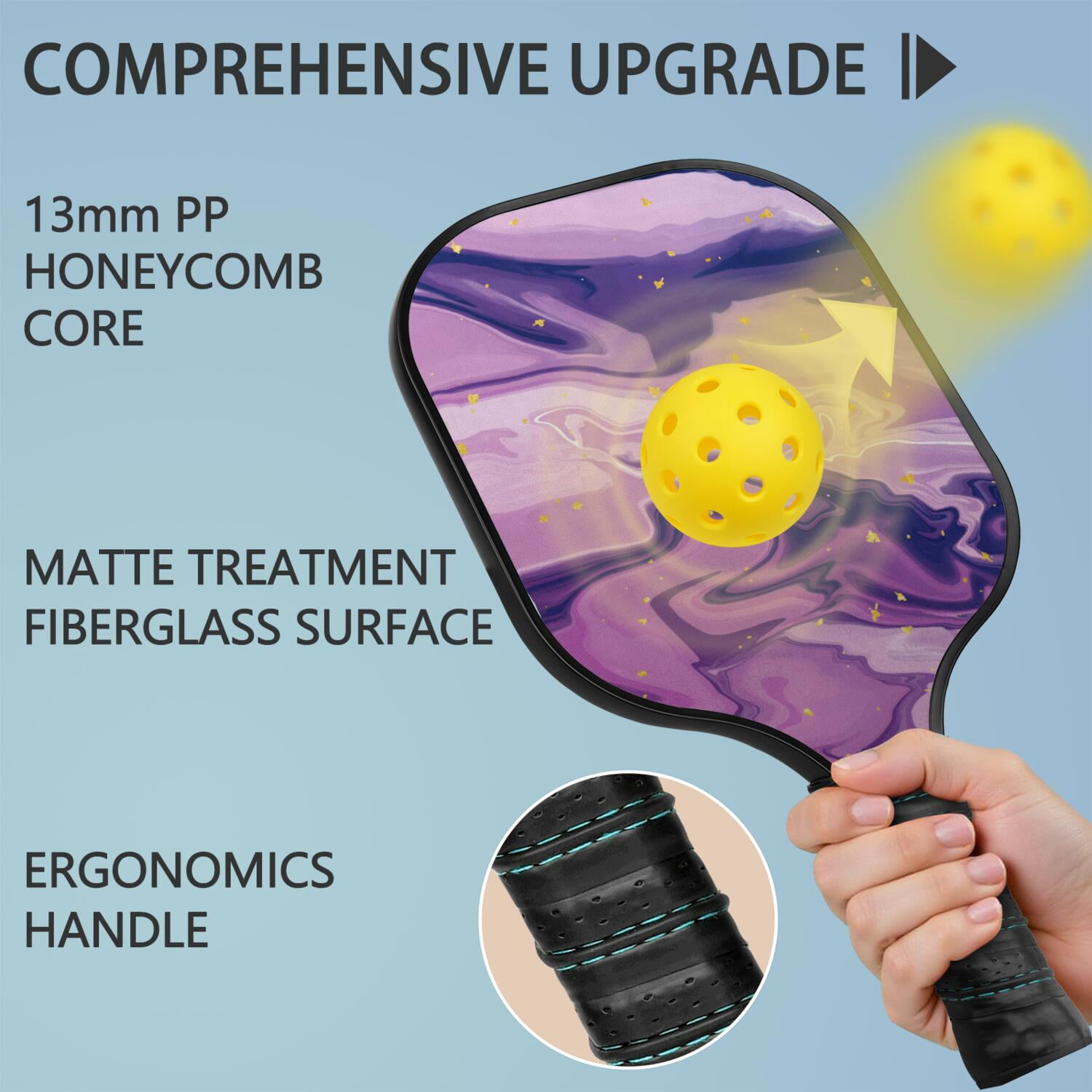 Pickleball Paddles Set Of 1, Fiberglass Surface, Liquid & Marble Print, 1 Paddles, 2 Balls & Bag