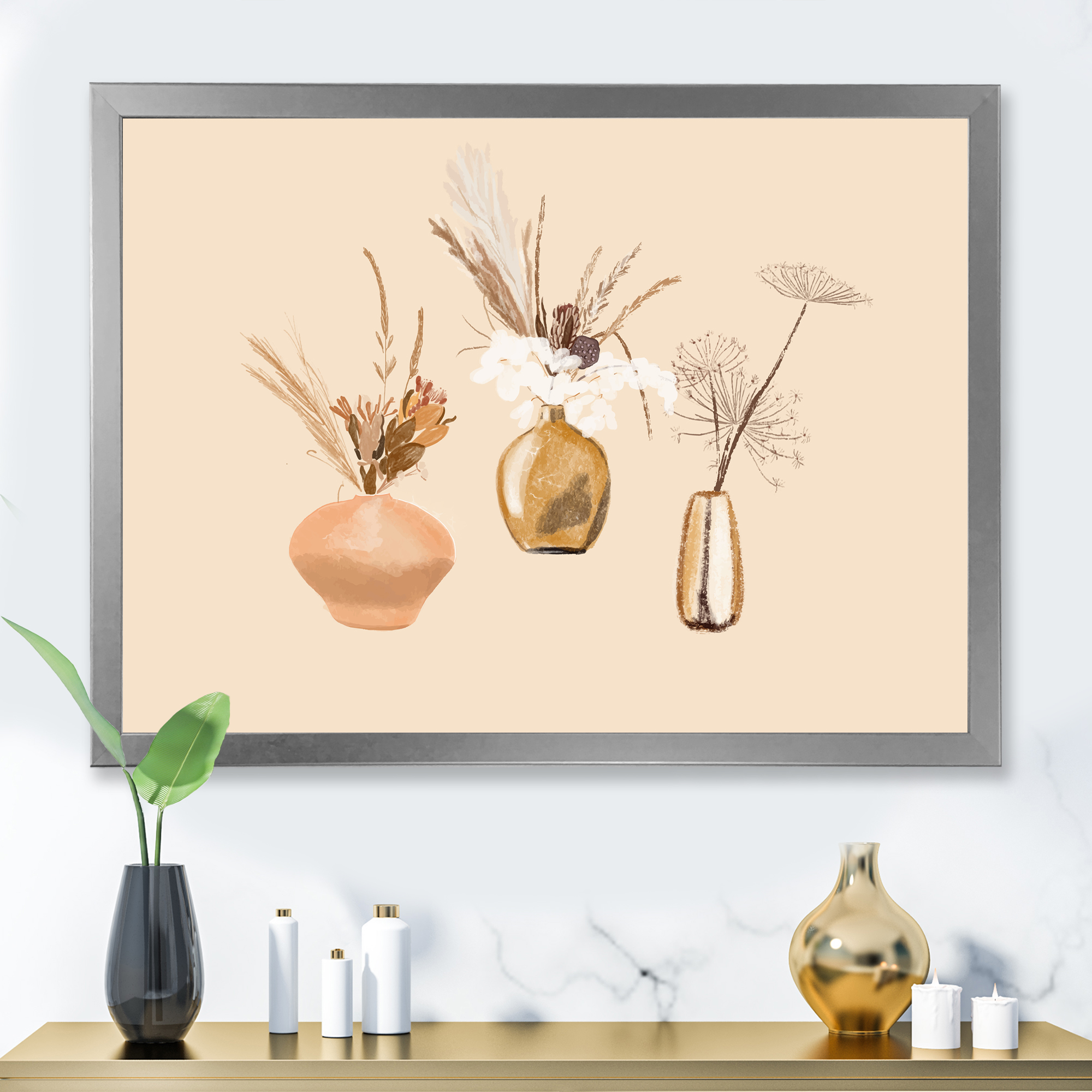 Designart 'Gold Vases With Bouquets Of Wildflowers I' Traditional Framed Art Print