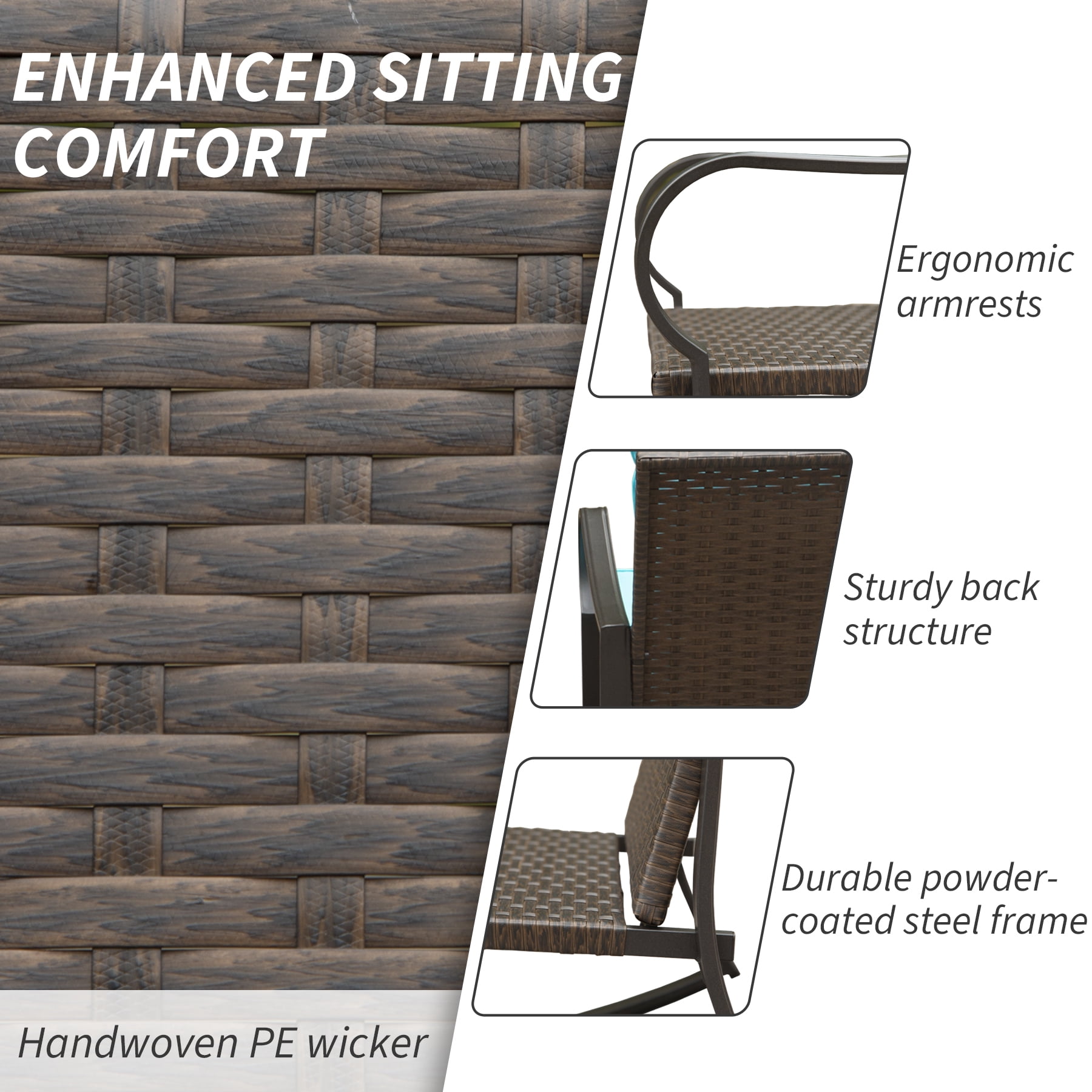 Leumius 3-Piece Outdoor Rocking Chair Set,Wicker Rocking Bistro Patio Set with Cushions & Table for Backyard, Porch, Balcony, Poolside,Blue