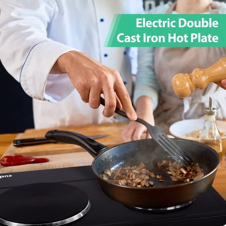 Hot Plate, 1800W Electric Burner Double Hot Plate for Cooking Countertop Burner with Adjustable Temperature Control, Portable Electric Cast Iron Hot Plates Cooktop, Easy to Clean, Black