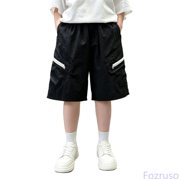 Fozruso Boys Cargo Shorts With Pockets Elastic Waist Summer Casual Bottoms For Kids Boys Cargo Shorts(Black)