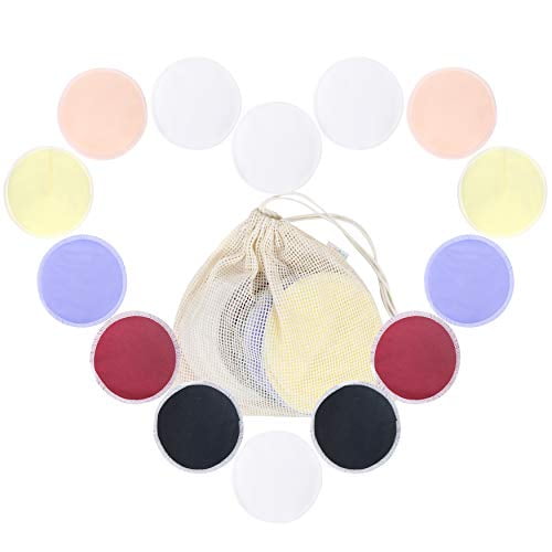 Langsprit Leak-Proof Reusable Bamboo Nursing Pads(14 Pack),Super Absorbent Washable Breast Pads with Bonus Laundry Bag (Multicolored, Round)