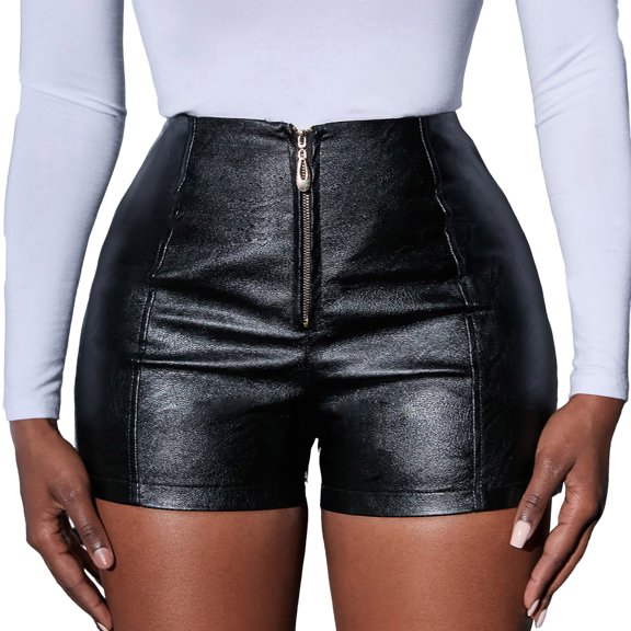 VNKIDY Womens High Waisted Leather Shorts With Front Zipper Detail Solid Color Slim Fit Casual High Rise Shorts For Party Daily Wear XL
