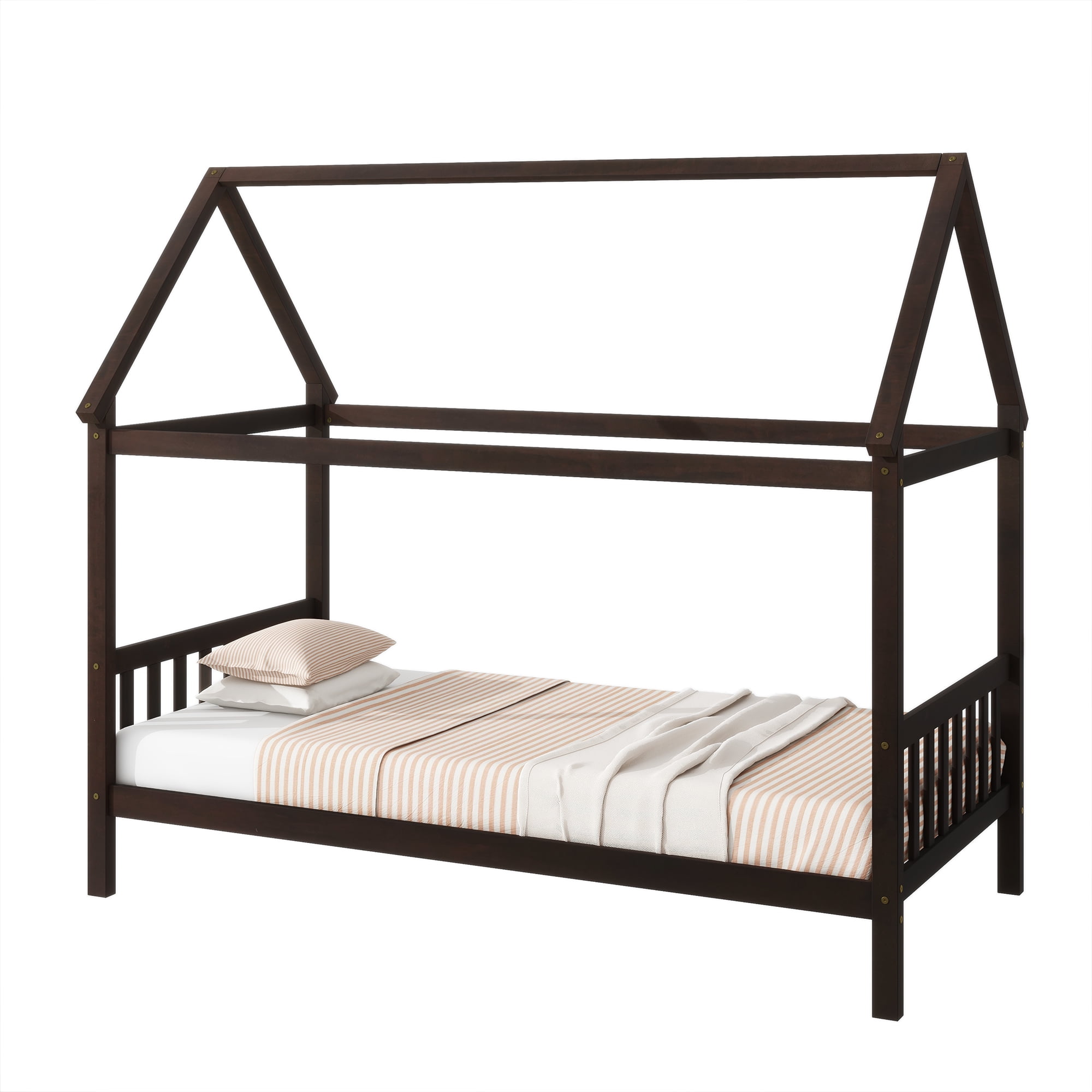 Miniyam Wood Twin Size Bed with House-shaped Design for Kids and Teens, Espresso