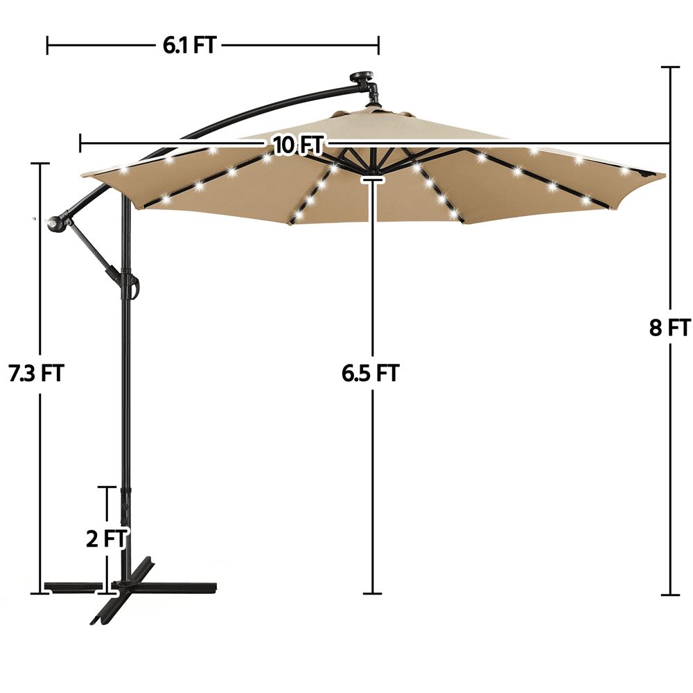 Yaheetech 10 Ft Patio Offset Umbrella with 32 LED Lights and Crank & Cross Base, Tan