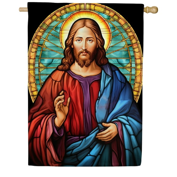 America Forever Jesus Glass Work House Flag, 28 x 40 inch Double Sided, Stained Glass Jesus Christ, Religious Devotional Sacred Outdoor Decorative Flag