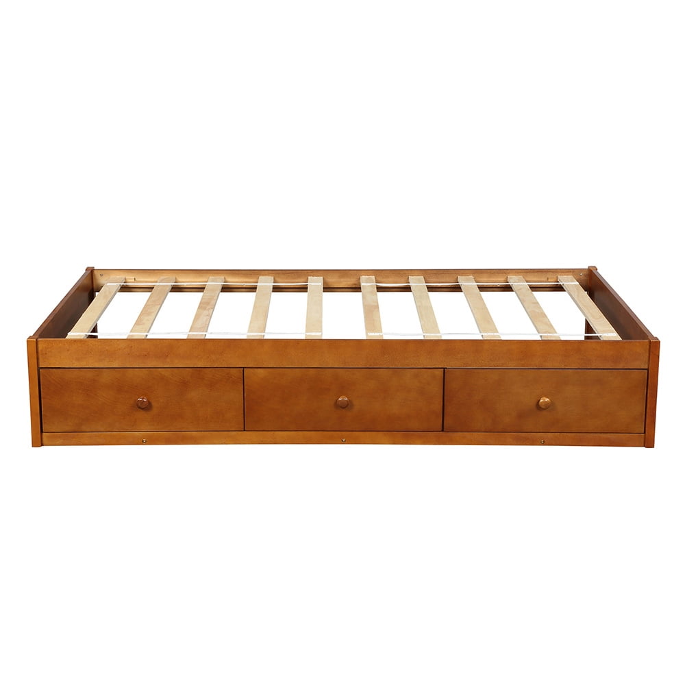 Private Jungle Solid Wood Twin Size Bed with Storage, Platform Bed with 3 Drawers-Oak