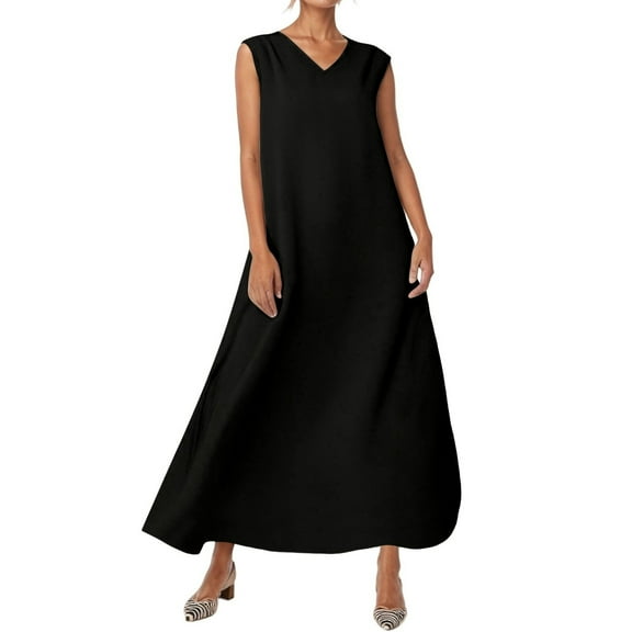 Adeawade Elegant Dresses For Women V Neck Sleeveless Solid Color Flowy Dresses Ladies' Summer Side Slit Jumpsuit Long Skirt Stylish Streetwear Black L