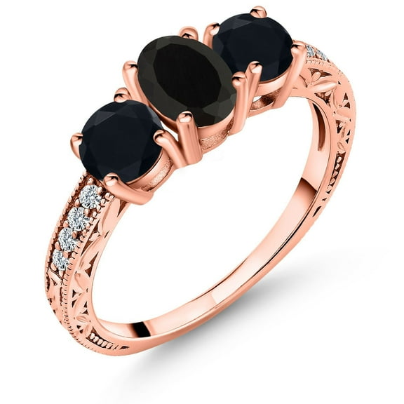 Gem Stone King 1.77 Ct Oval Black Onyx 18K Rose Gold Plated Silver Ring (Size 6)