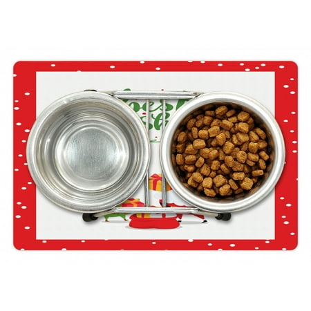 Christmas Pet Mat for Food and Water, Best Wishes Lettering Design with Elf and Santa Happily Hold Gifts, Non-Slip Rubber Mat for Dogs and Cats, 18