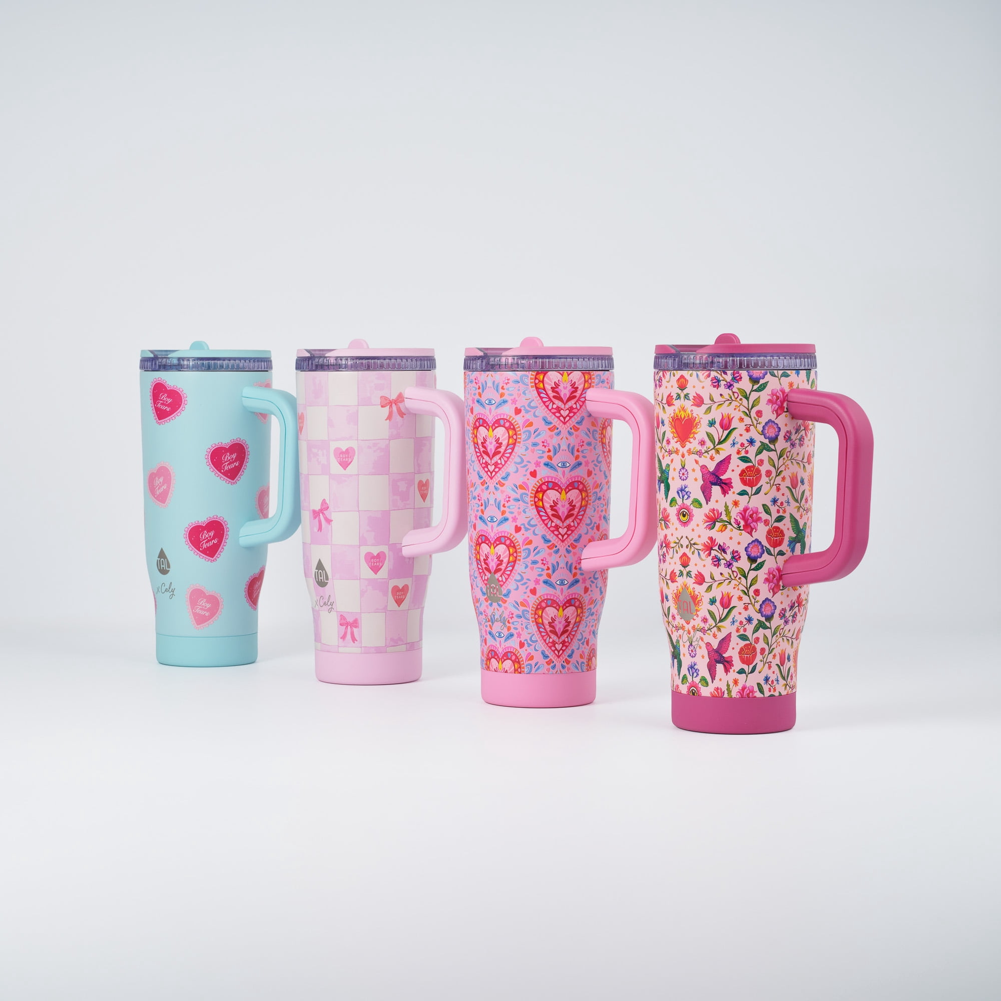 Cely x TAL 32oz Stainless Steel Skye Tumbler with Handle and Fip-up Straw, Pink Checkered